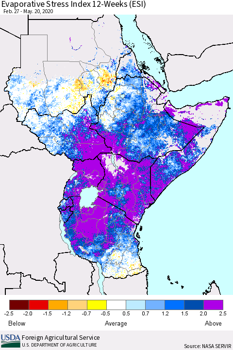 Eastern Africa Evaporative Stress Index (ESI), 12-Weeks Thematic Map For 5/18/2020 - 5/24/2020