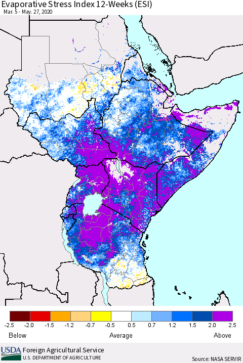 Eastern Africa Evaporative Stress Index (ESI), 12-Weeks Thematic Map For 5/25/2020 - 5/31/2020