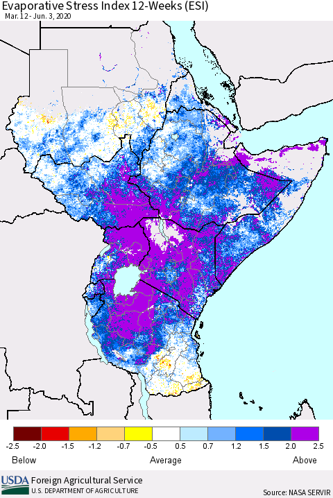 Eastern Africa Evaporative Stress Index (ESI), 12-Weeks Thematic Map For 6/1/2020 - 6/7/2020