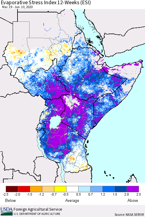 Eastern Africa Evaporative Stress Index (ESI), 12-Weeks Thematic Map For 6/8/2020 - 6/14/2020