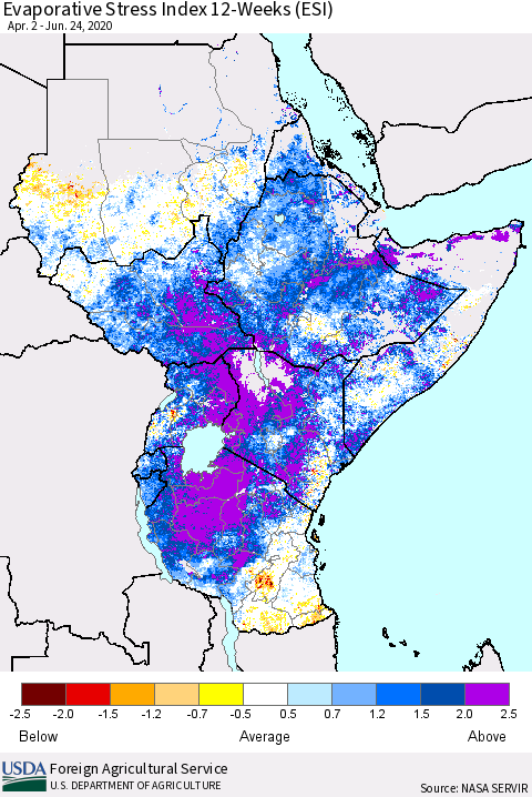 Eastern Africa Evaporative Stress Index (ESI), 12-Weeks Thematic Map For 6/22/2020 - 6/28/2020