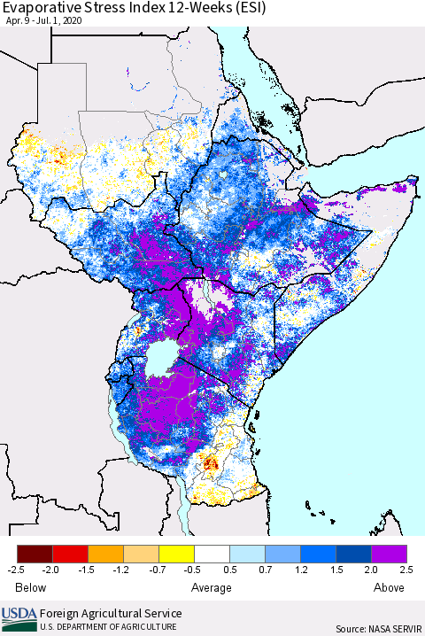 Eastern Africa Evaporative Stress Index (ESI), 12-Weeks Thematic Map For 6/29/2020 - 7/5/2020