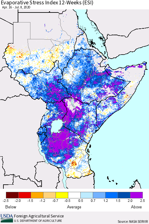 Eastern Africa Evaporative Stress Index (ESI), 12-Weeks Thematic Map For 7/6/2020 - 7/12/2020