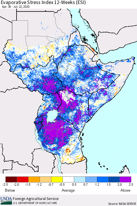 Eastern Africa Evaporative Stress Index (ESI), 12-Weeks Thematic Map For 7/20/2020 - 7/26/2020