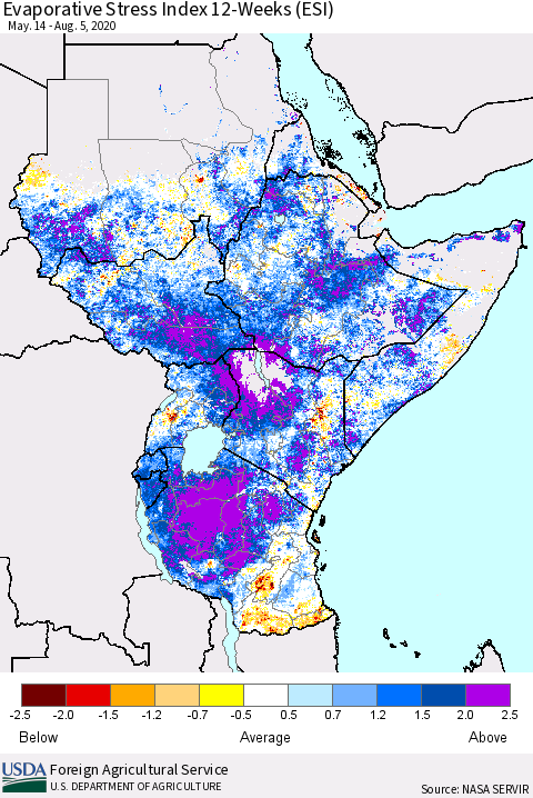 Eastern Africa Evaporative Stress Index (ESI), 12-Weeks Thematic Map For 8/3/2020 - 8/9/2020
