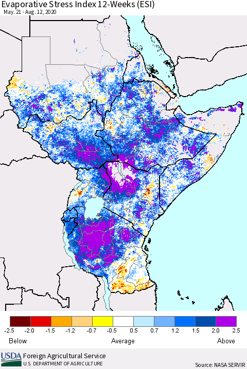 Eastern Africa Evaporative Stress Index (ESI), 12-Weeks Thematic Map For 8/10/2020 - 8/16/2020