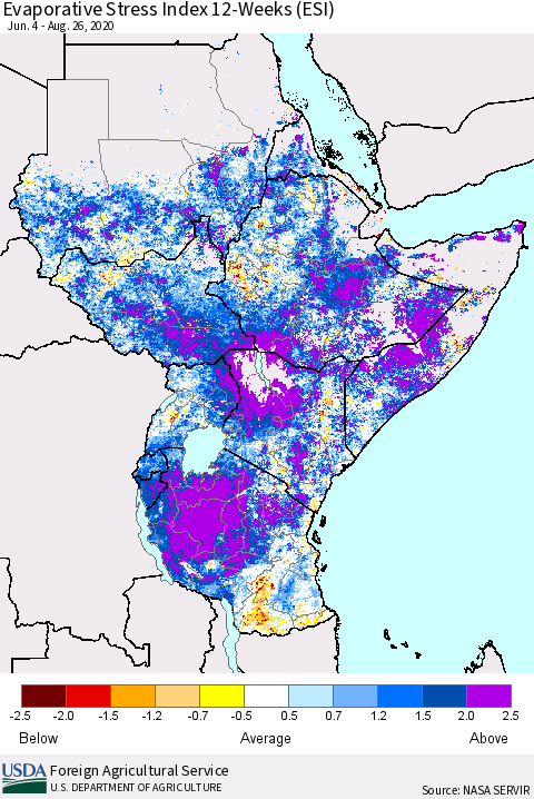 Eastern Africa Evaporative Stress Index (ESI), 12-Weeks Thematic Map For 8/24/2020 - 8/30/2020