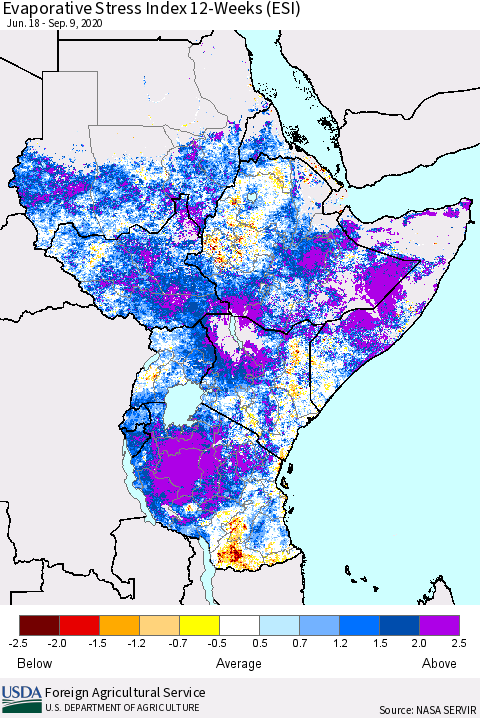 Eastern Africa Evaporative Stress Index (ESI), 12-Weeks Thematic Map For 9/7/2020 - 9/13/2020