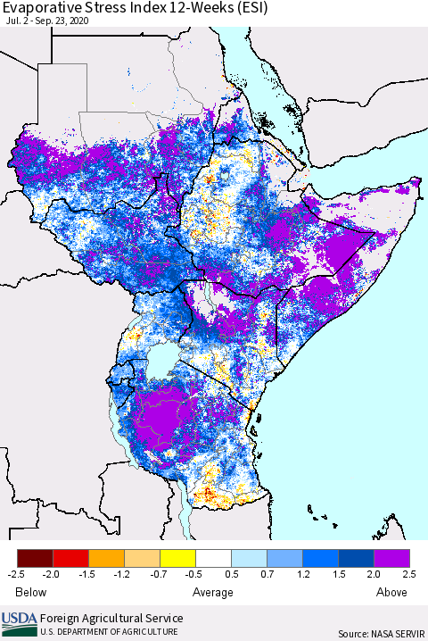 Eastern Africa Evaporative Stress Index (ESI), 12-Weeks Thematic Map For 9/21/2020 - 9/27/2020