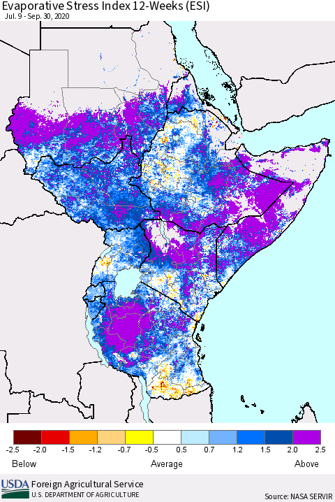 Eastern Africa Evaporative Stress Index (ESI), 12-Weeks Thematic Map For 9/28/2020 - 10/4/2020