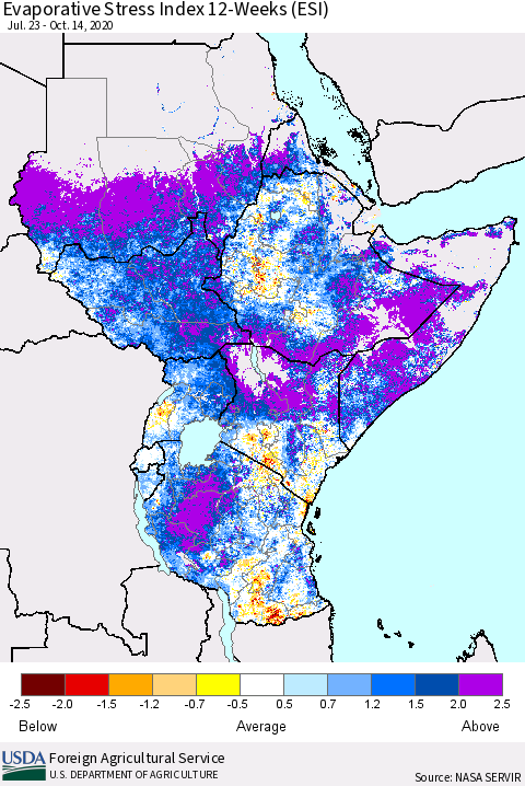 Eastern Africa Evaporative Stress Index (ESI), 12-Weeks Thematic Map For 10/12/2020 - 10/18/2020