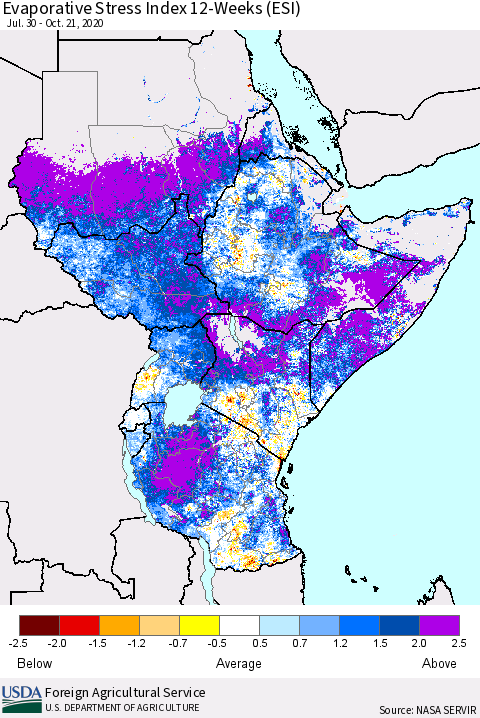 Eastern Africa Evaporative Stress Index (ESI), 12-Weeks Thematic Map For 10/19/2020 - 10/25/2020