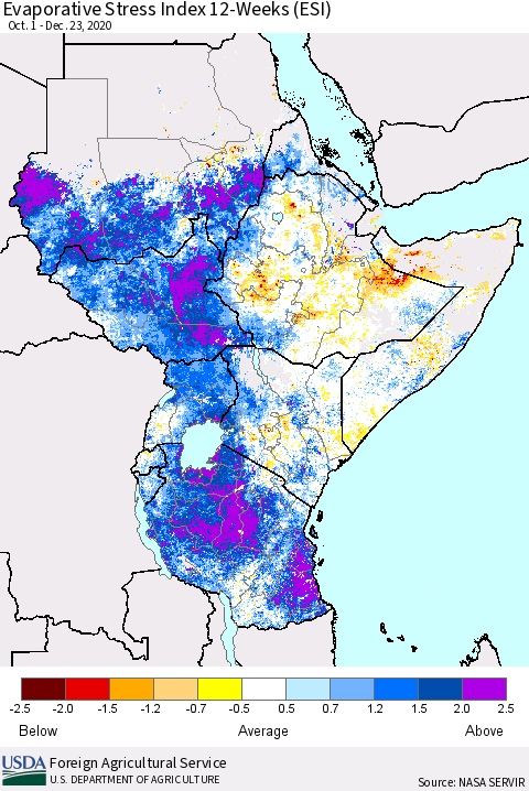 Eastern Africa Evaporative Stress Index (ESI), 12-Weeks Thematic Map For 12/21/2020 - 12/27/2020