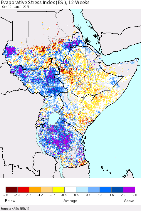 Eastern Africa Evaporative Stress Index (ESI), 12-Weeks Thematic Map For 12/28/2020 - 1/3/2021