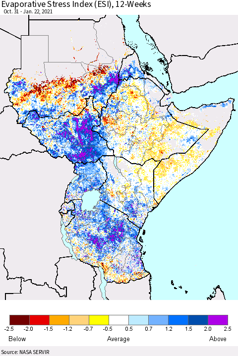 Eastern Africa Evaporative Stress Index (ESI), 12-Weeks Thematic Map For 1/18/2021 - 1/24/2021