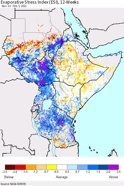 Eastern Africa Evaporative Stress Index (ESI), 12-Weeks Thematic Map For 2/1/2021 - 2/7/2021