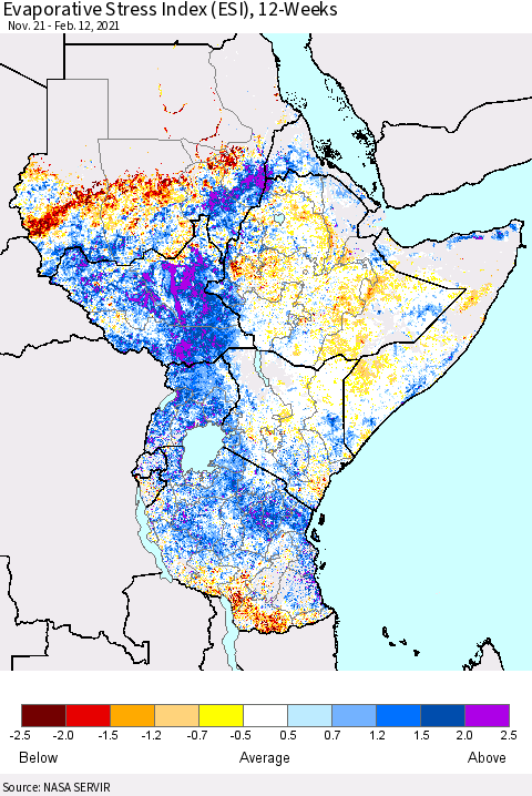 Eastern Africa Evaporative Stress Index (ESI), 12-Weeks Thematic Map For 2/8/2021 - 2/14/2021