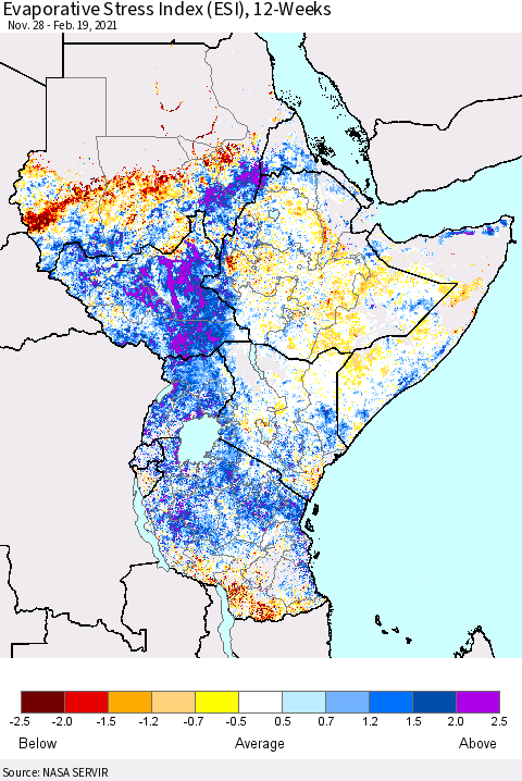 Eastern Africa Evaporative Stress Index (ESI), 12-Weeks Thematic Map For 2/15/2021 - 2/21/2021