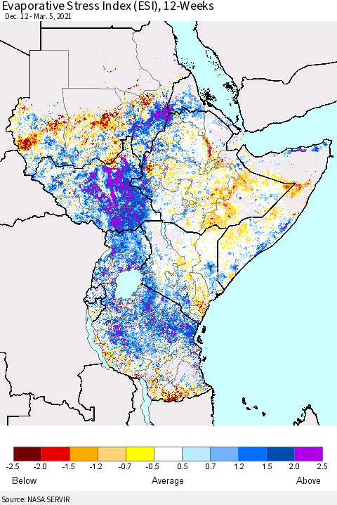 Eastern Africa Evaporative Stress Index (ESI), 12-Weeks Thematic Map For 3/1/2021 - 3/7/2021
