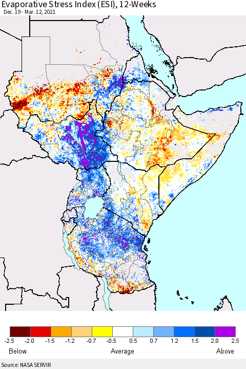 Eastern Africa Evaporative Stress Index (ESI), 12-Weeks Thematic Map For 3/8/2021 - 3/14/2021