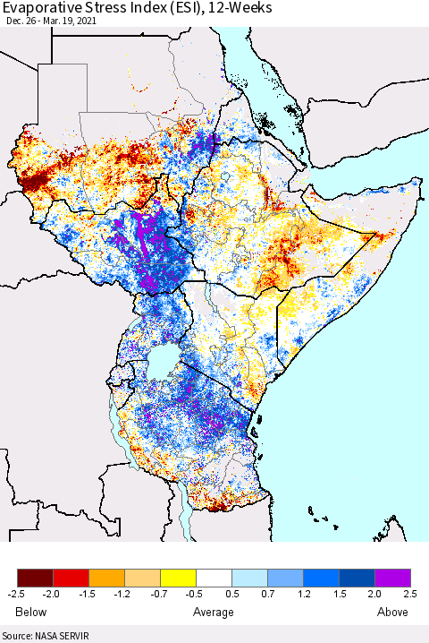 Eastern Africa Evaporative Stress Index (ESI), 12-Weeks Thematic Map For 3/15/2021 - 3/21/2021
