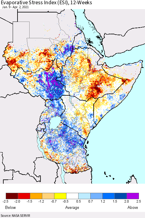 Eastern Africa Evaporative Stress Index (ESI), 12-Weeks Thematic Map For 3/29/2021 - 4/4/2021