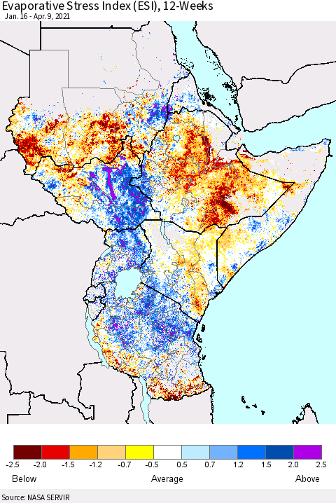 Eastern Africa Evaporative Stress Index (ESI), 12-Weeks Thematic Map For 4/5/2021 - 4/11/2021