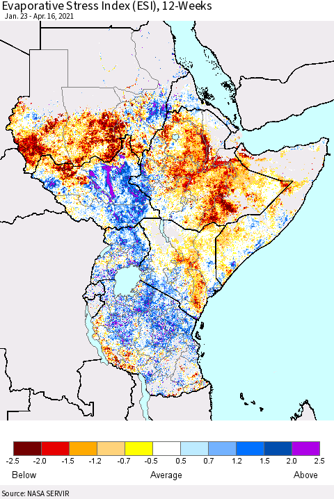 Eastern Africa Evaporative Stress Index (ESI), 12-Weeks Thematic Map For 4/12/2021 - 4/18/2021