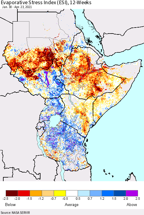 Eastern Africa Evaporative Stress Index (ESI), 12-Weeks Thematic Map For 4/19/2021 - 4/25/2021