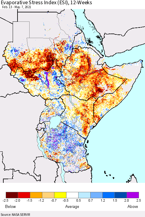 Eastern Africa Evaporative Stress Index (ESI), 12-Weeks Thematic Map For 5/3/2021 - 5/9/2021