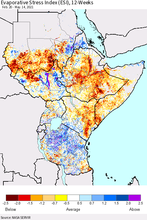 Eastern Africa Evaporative Stress Index (ESI), 12-Weeks Thematic Map For 5/10/2021 - 5/16/2021