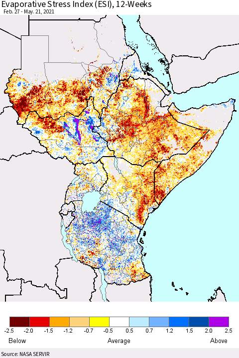 Eastern Africa Evaporative Stress Index (ESI), 12-Weeks Thematic Map For 5/17/2021 - 5/23/2021