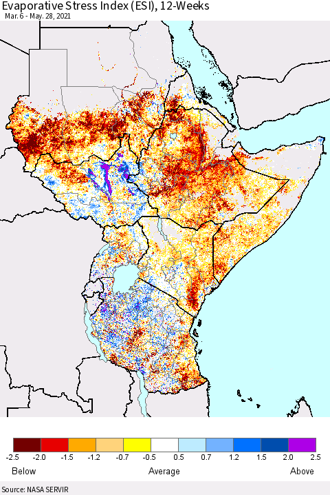 Eastern Africa Evaporative Stress Index (ESI), 12-Weeks Thematic Map For 5/24/2021 - 5/30/2021