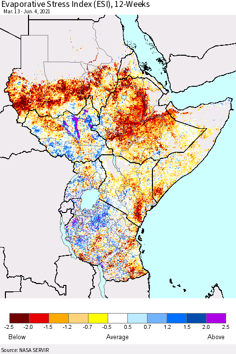 Eastern Africa Evaporative Stress Index (ESI), 12-Weeks Thematic Map For 5/31/2021 - 6/6/2021