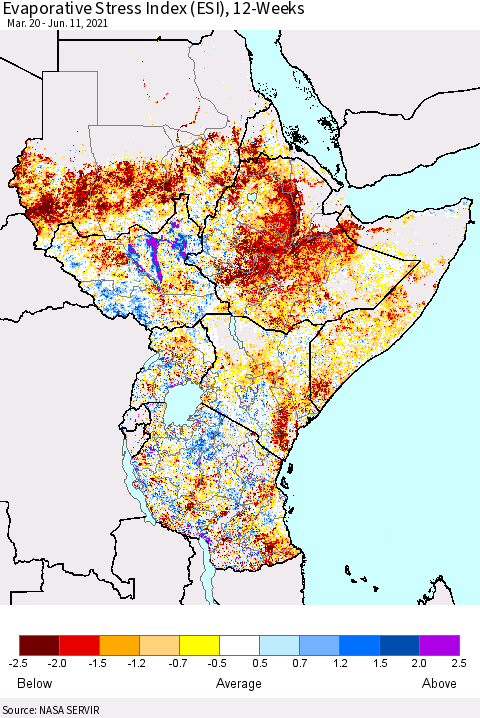Eastern Africa Evaporative Stress Index (ESI), 12-Weeks Thematic Map For 6/7/2021 - 6/13/2021