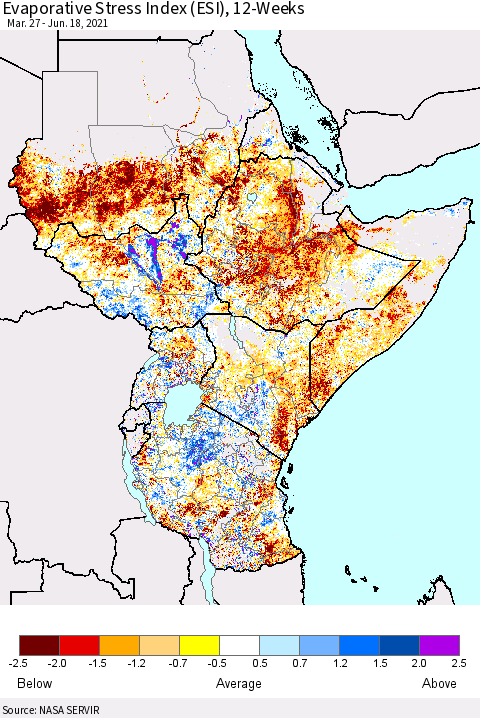 Eastern Africa Evaporative Stress Index (ESI), 12-Weeks Thematic Map For 6/14/2021 - 6/20/2021