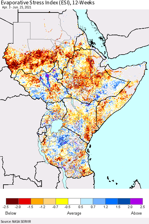 Eastern Africa Evaporative Stress Index (ESI), 12-Weeks Thematic Map For 6/21/2021 - 6/27/2021