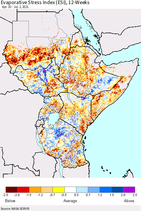 Eastern Africa Evaporative Stress Index (ESI), 12-Weeks Thematic Map For 6/28/2021 - 7/4/2021