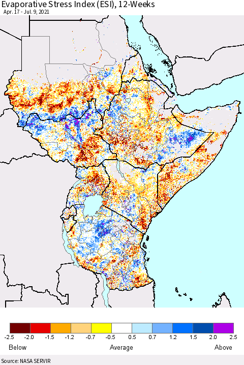 Eastern Africa Evaporative Stress Index (ESI), 12-Weeks Thematic Map For 7/5/2021 - 7/11/2021