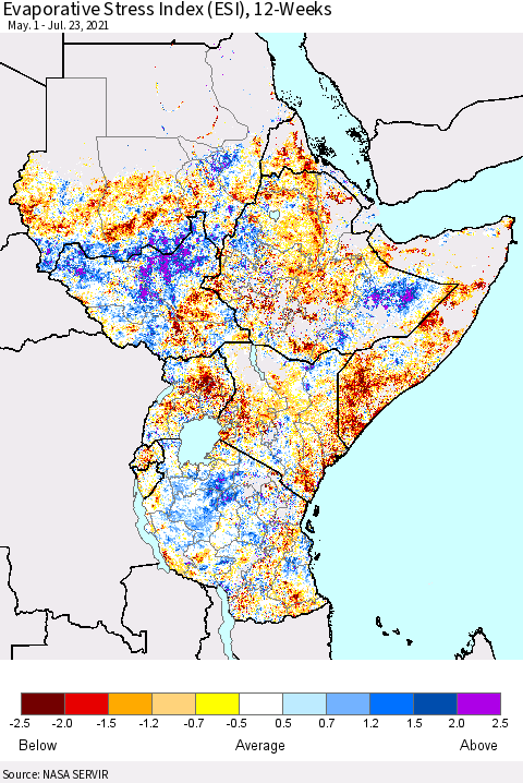 Eastern Africa Evaporative Stress Index (ESI), 12-Weeks Thematic Map For 7/19/2021 - 7/25/2021