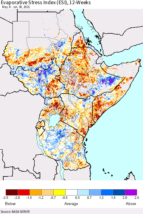 Eastern Africa Evaporative Stress Index (ESI), 12-Weeks Thematic Map For 7/26/2021 - 8/1/2021