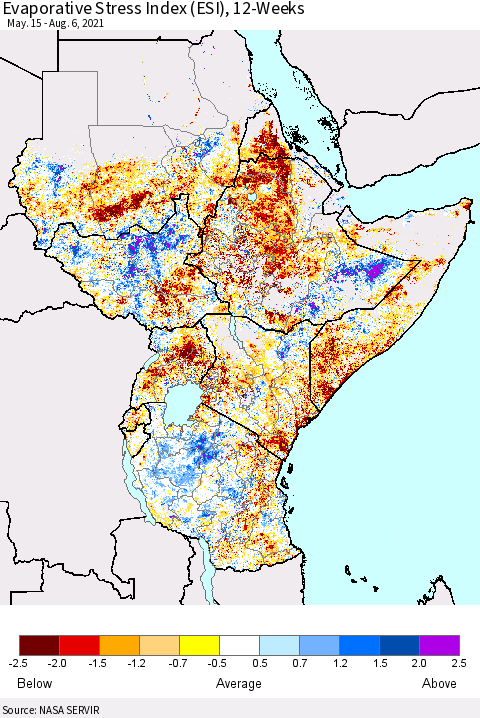 Eastern Africa Evaporative Stress Index (ESI), 12-Weeks Thematic Map For 8/2/2021 - 8/8/2021