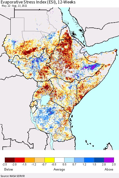 Eastern Africa Evaporative Stress Index (ESI), 12-Weeks Thematic Map For 8/9/2021 - 8/15/2021