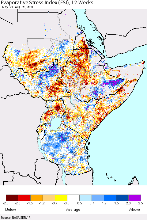 Eastern Africa Evaporative Stress Index (ESI), 12-Weeks Thematic Map For 8/16/2021 - 8/22/2021