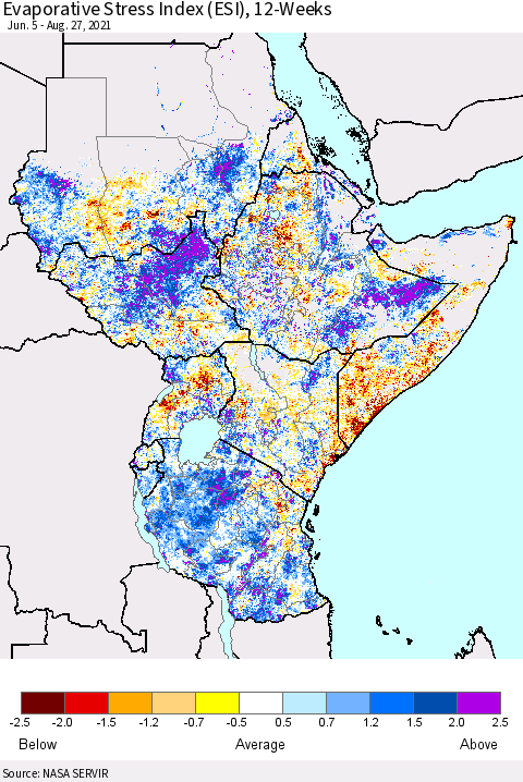 Eastern Africa Evaporative Stress Index (ESI), 12-Weeks Thematic Map For 8/23/2021 - 8/29/2021