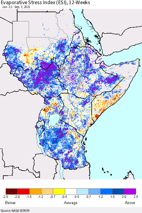 Eastern Africa Evaporative Stress Index (ESI), 12-Weeks Thematic Map For 8/30/2021 - 9/5/2021
