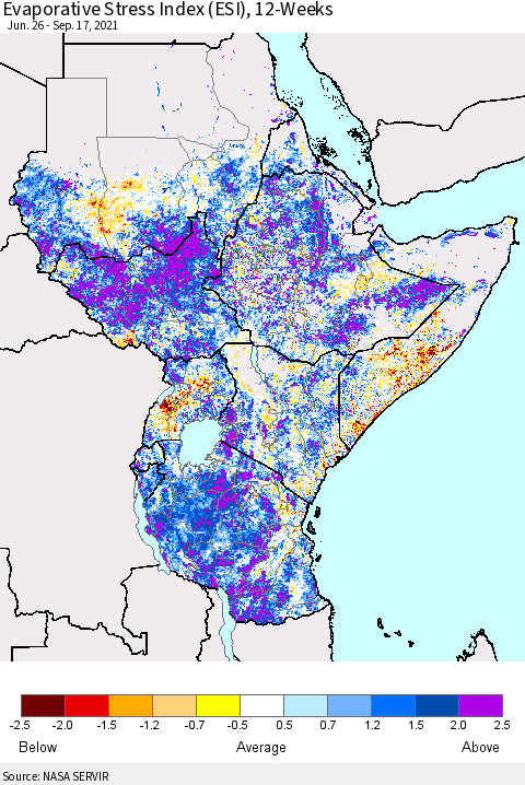 Eastern Africa Evaporative Stress Index (ESI), 12-Weeks Thematic Map For 9/13/2021 - 9/19/2021