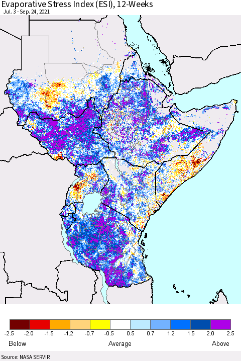 Eastern Africa Evaporative Stress Index (ESI), 12-Weeks Thematic Map For 9/20/2021 - 9/26/2021
