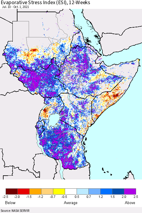 Eastern Africa Evaporative Stress Index (ESI), 12-Weeks Thematic Map For 9/27/2021 - 10/3/2021
