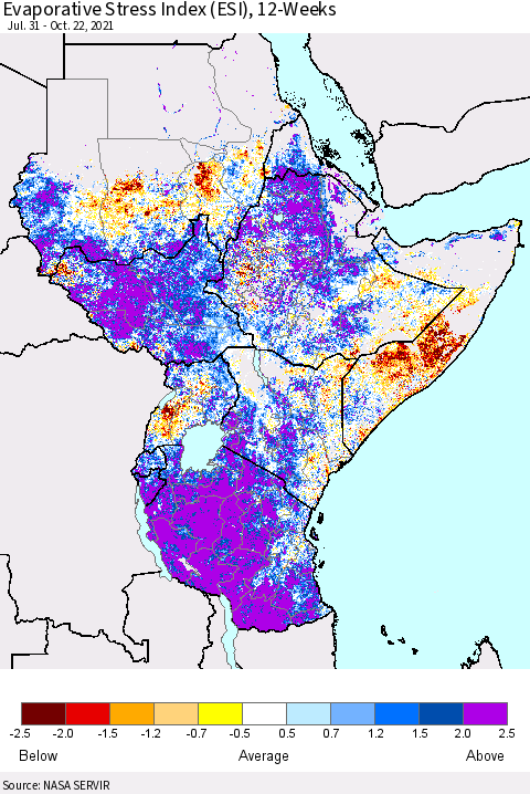 Eastern Africa Evaporative Stress Index (ESI), 12-Weeks Thematic Map For 10/18/2021 - 10/24/2021